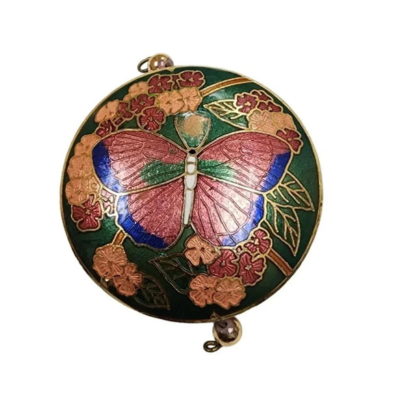 Vintage Jewelry - Vintage 60s-70s Cloisonné Enameled Butterfly Flower Round Pendant Multicolor